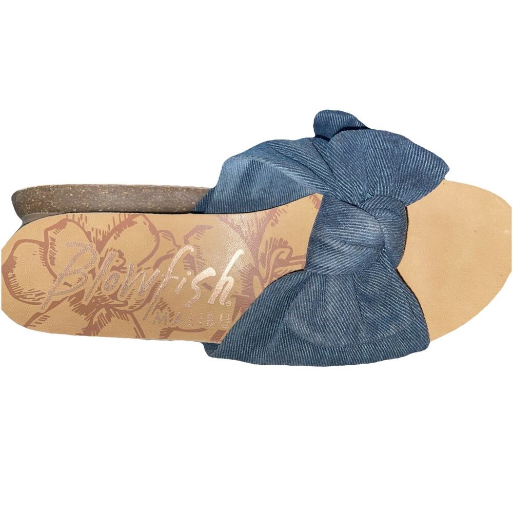 Women’s Blowfish Malibu Open Toe Sandals Sz 7.5 Blue Denim Bow Tie Summer Spring